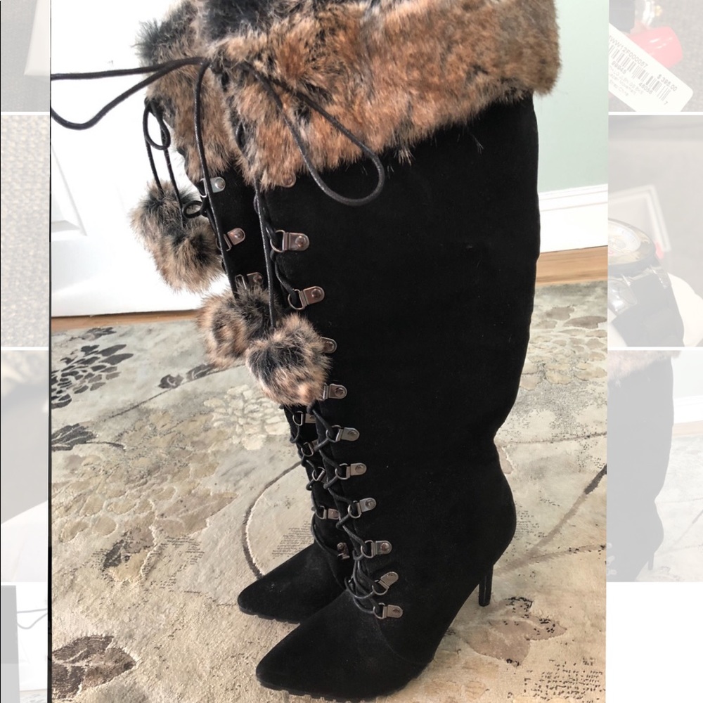 New Black micro Suede Tall Knee Boots w/ Faux Fur